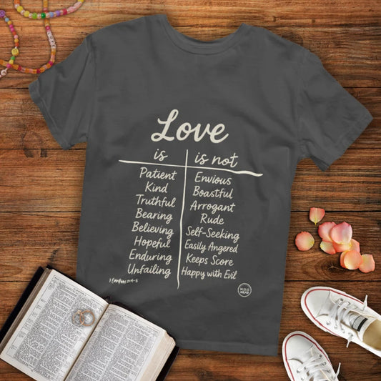 Love IS/Not – 1 Corinthians 13:4-8 Christian T-Shirt | Real Love vs. Counterfeit Love Bible Tee